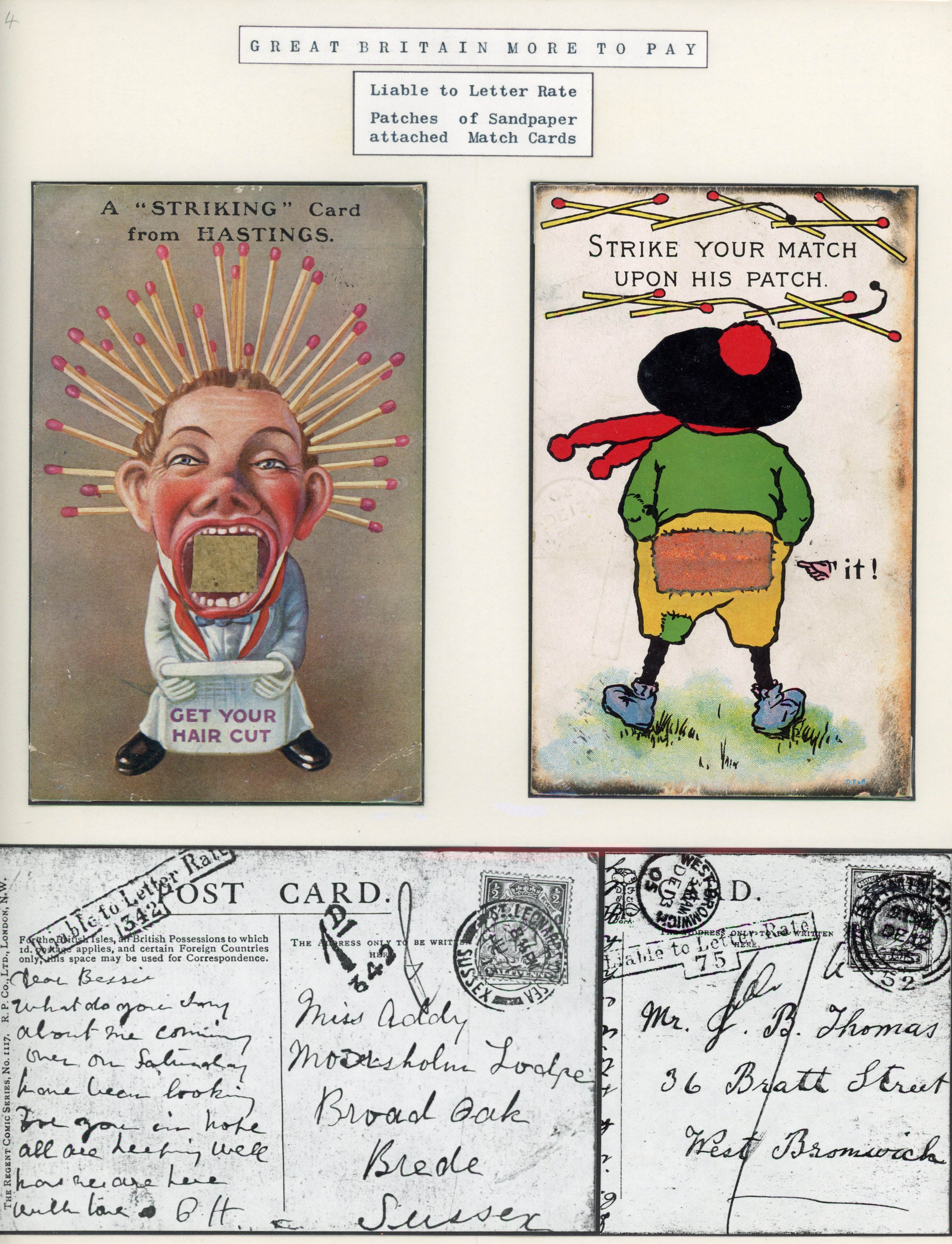 Great Britain 1905-13 pair of postcards with striking paper attached 