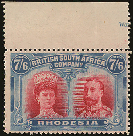 RHODESIA 1910 SG161var Mint 7s6d carmine and light blue, variety "Gash in ear", marginal u/m