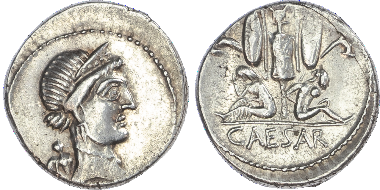 Julius Caesar (46‑45 BC) AR Denarius, moving mint in Spain, 3.93g.