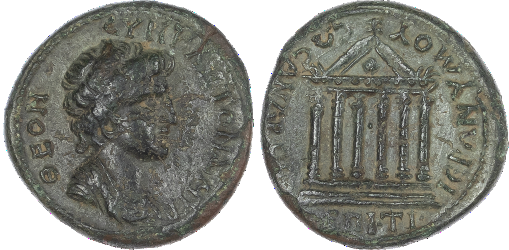 Ionia, Smyrna, Time of Nero (AD 54-68) AE Assarion, Pseudo-Imperial Issue, Ti. Claudius Heironymos, stephanophorus and Ti.