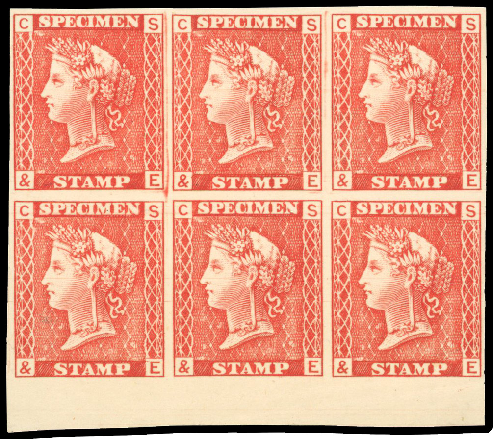 Great Britain 1879 Tender Essay Charles Skipper & East essay block of six in red-brown 