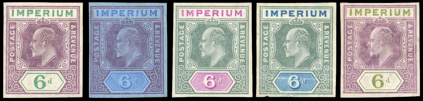 British Commonwealth 1907 KEVII DLR IMPERIUM 6d colour trials x5