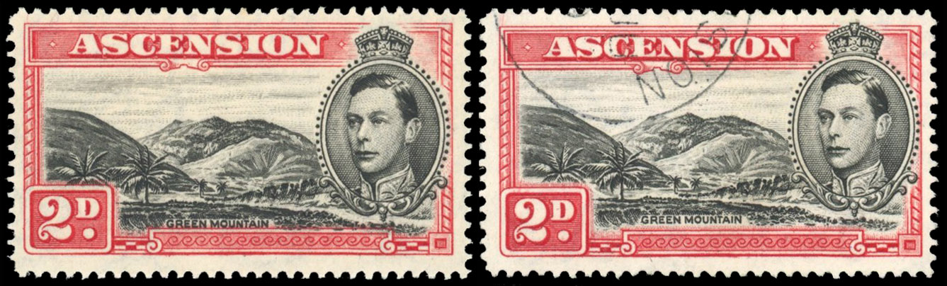 Ascension 1938-53 2d black and scarlet, perf 14, R.4/4 mountaineer flaw mint and used, SG 41ca
