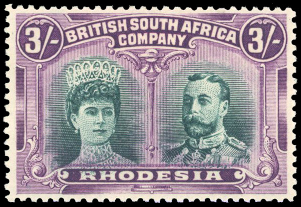 Rhodesia 1910-13 3s deep bluish green and purple perf 14