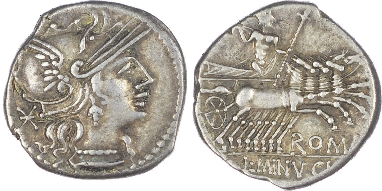 L. Minucius (133 BC) AR Denarius, Rome, 3.86g. Helmeted head of Roma facing right, mark of value behind. Rev. Jupiter,