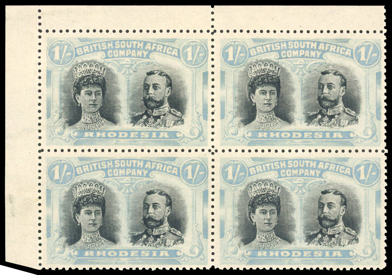 RSC F 1s black and pale turquoise-blue corner block of four, #s 1-7 mint 