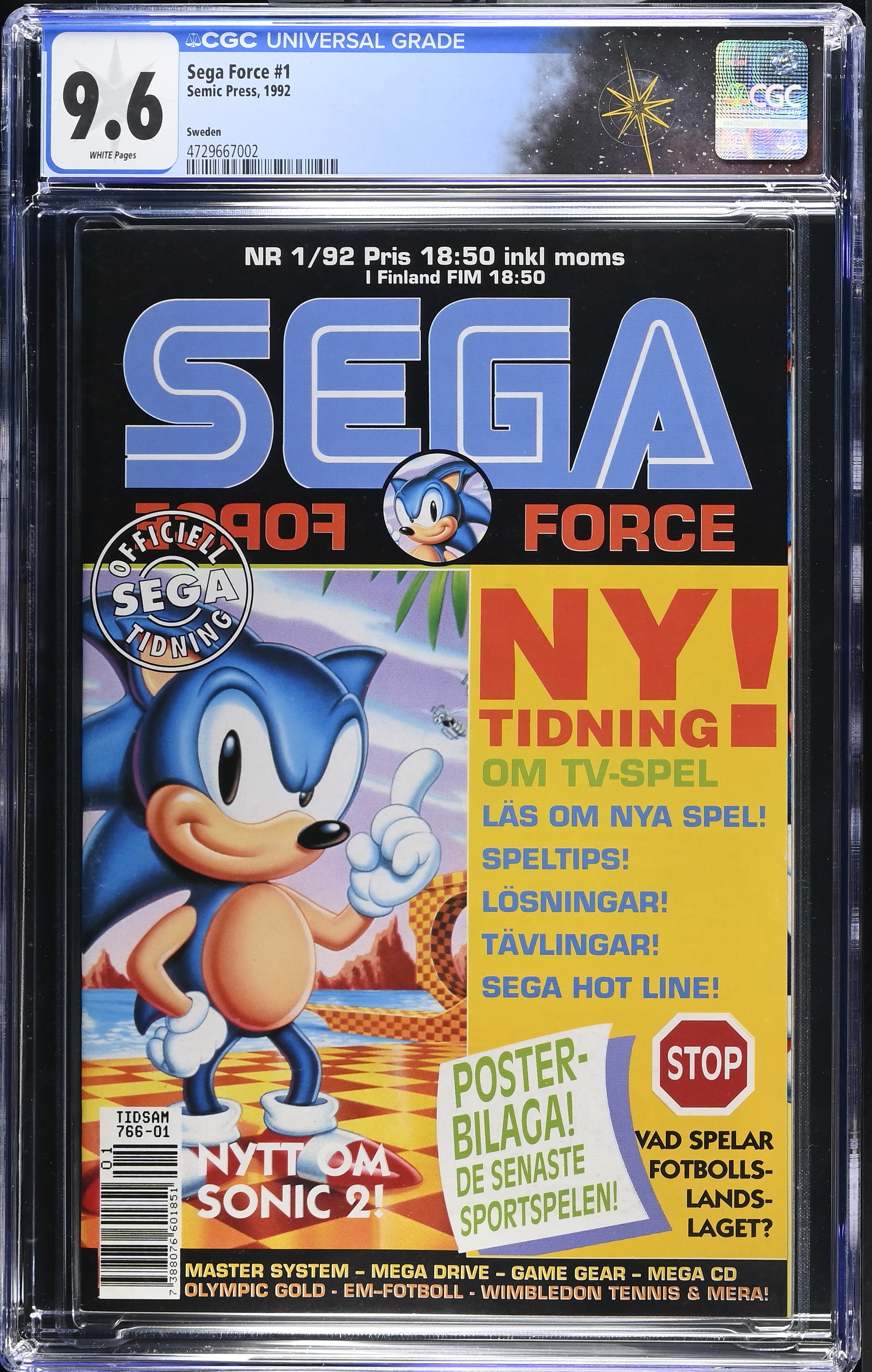 Sega Force #1 CGC 9.6 Swedish Edition Only Graded Comic On Census (Semic Press, 1992) White Pages