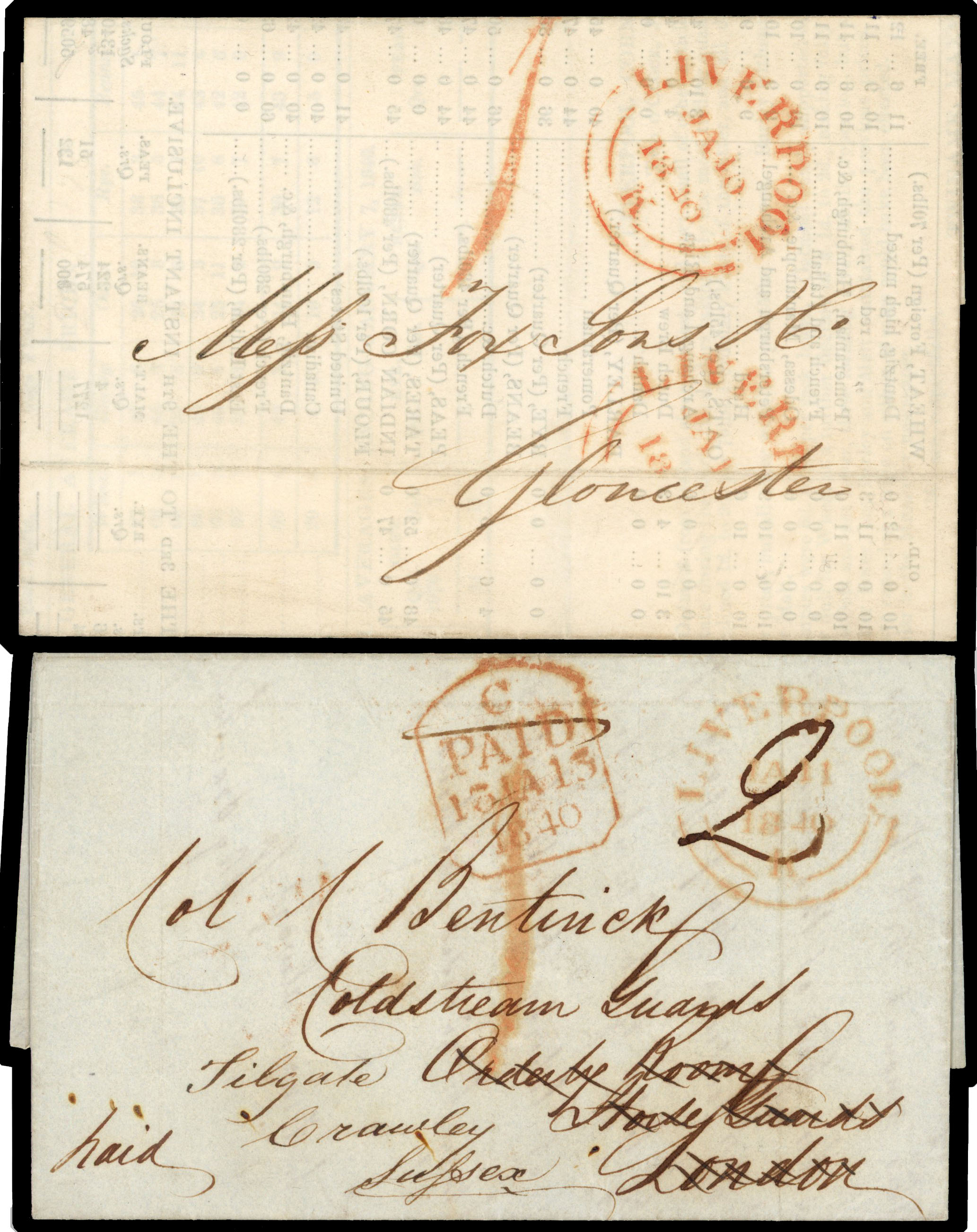 1840 Uniform Penny Post (Jan 10th First Day). Printed price list sent from Liverpool to Gloucester 