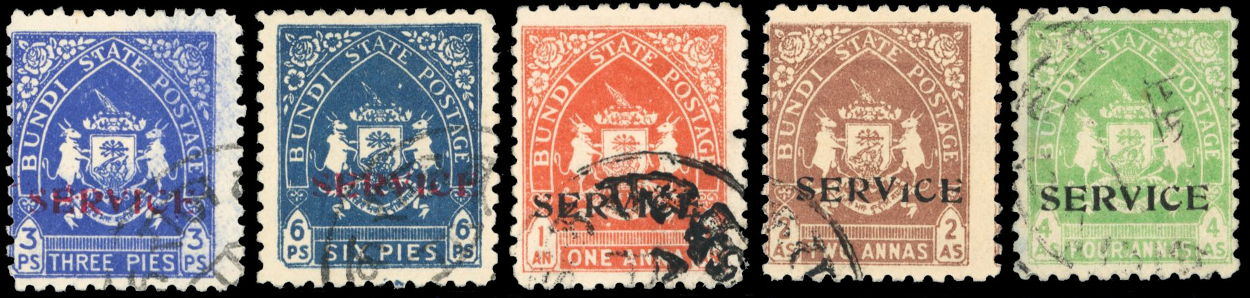 I.F.S. Bundi Official 1941 short set to 4a bright green, used, SG O53/O57