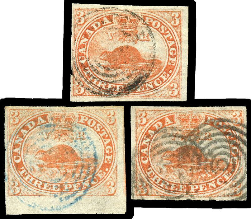1851 Laid paper, imperf, 3d red, three examples all with clear to large margins, cancelled