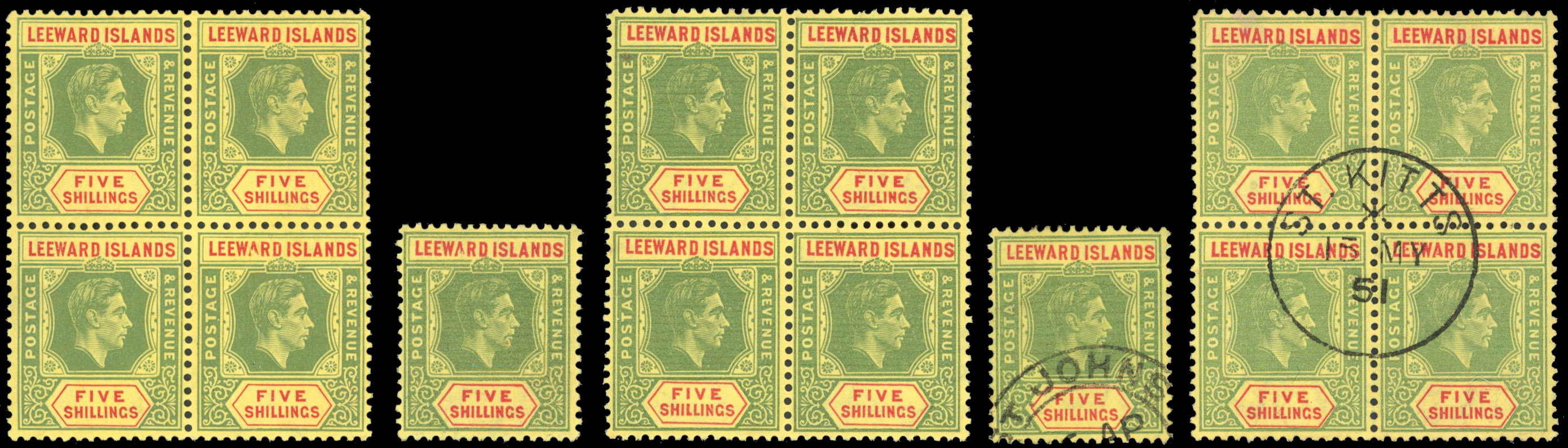 Leeward Islands SG 112-c 1938-51 5/- damaged 'A' range