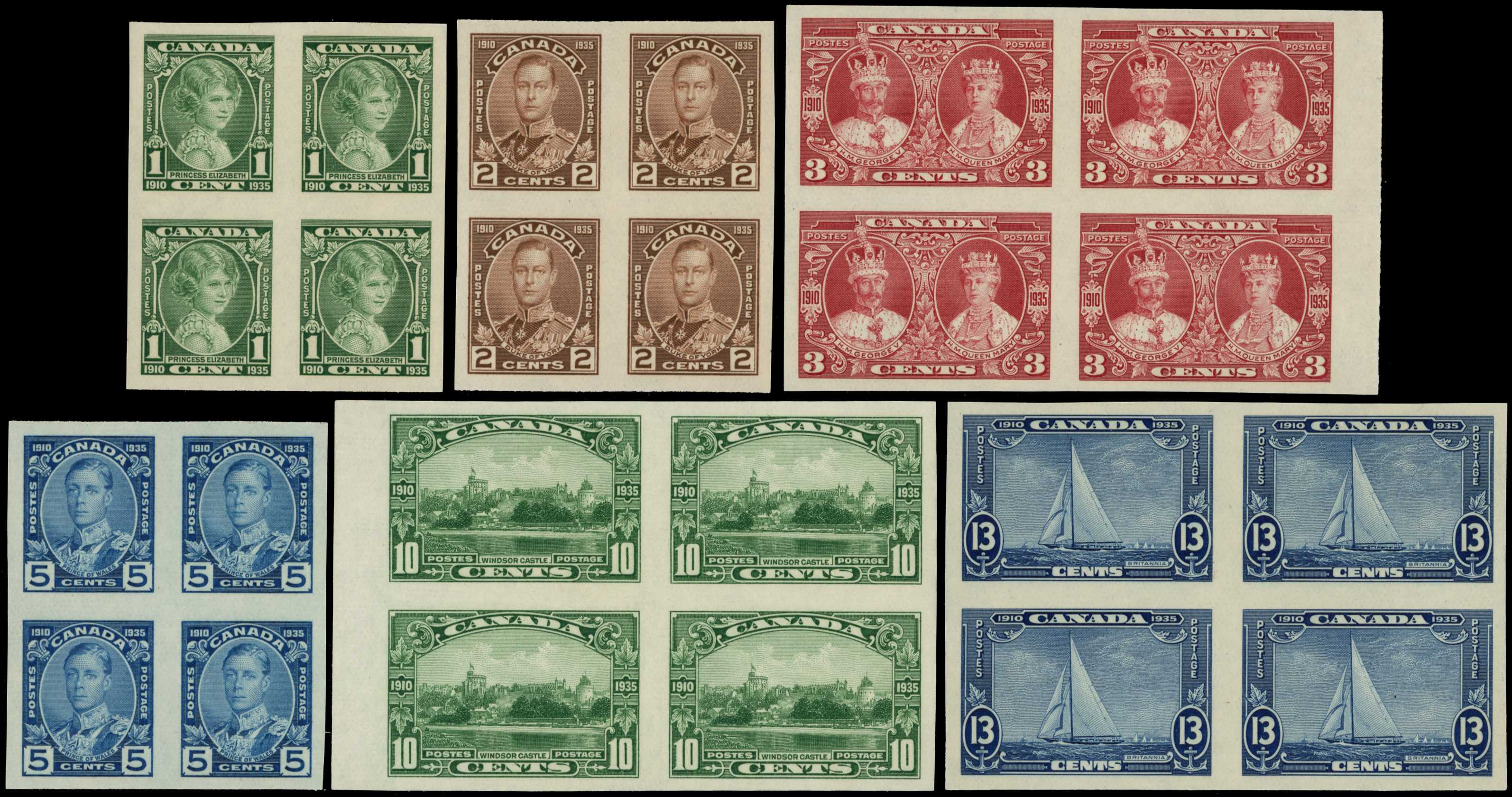 1935 Silver Jubilee set of 6 to 13c, in IMPERFORATE BLOCKS OF FOUR (the 3c and 10c respectively right and left marginal),...