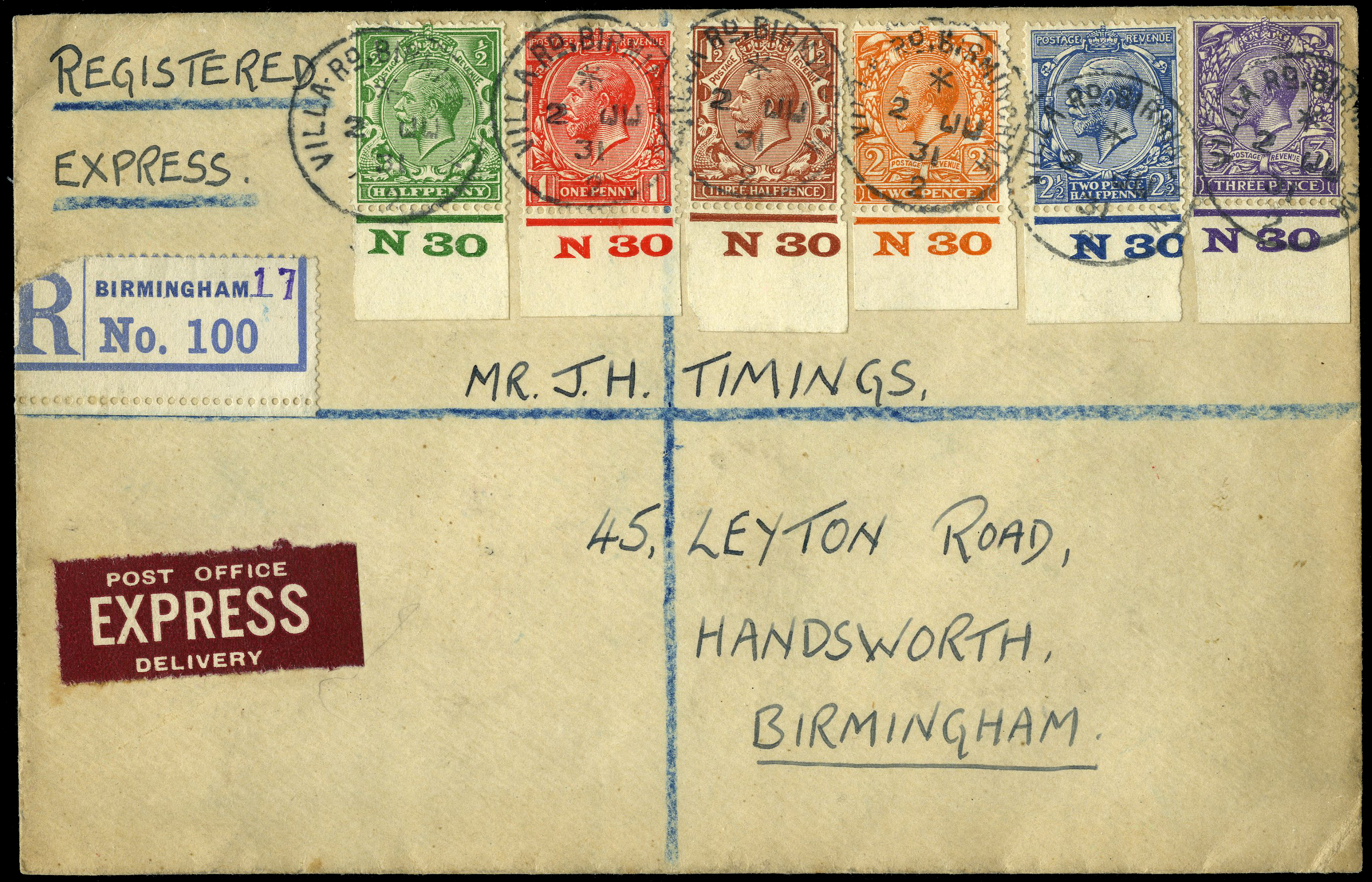 POSTAL HISTORY: 1931 Registered Cover to Birmingham, franked by ½d to 3d violet all lower marginal showing control number...