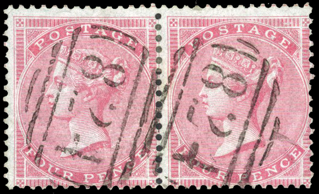 1855-57, Medium Garter, 4d on thick, blued highly glazed paper, horizontal pair, lightly cancelled