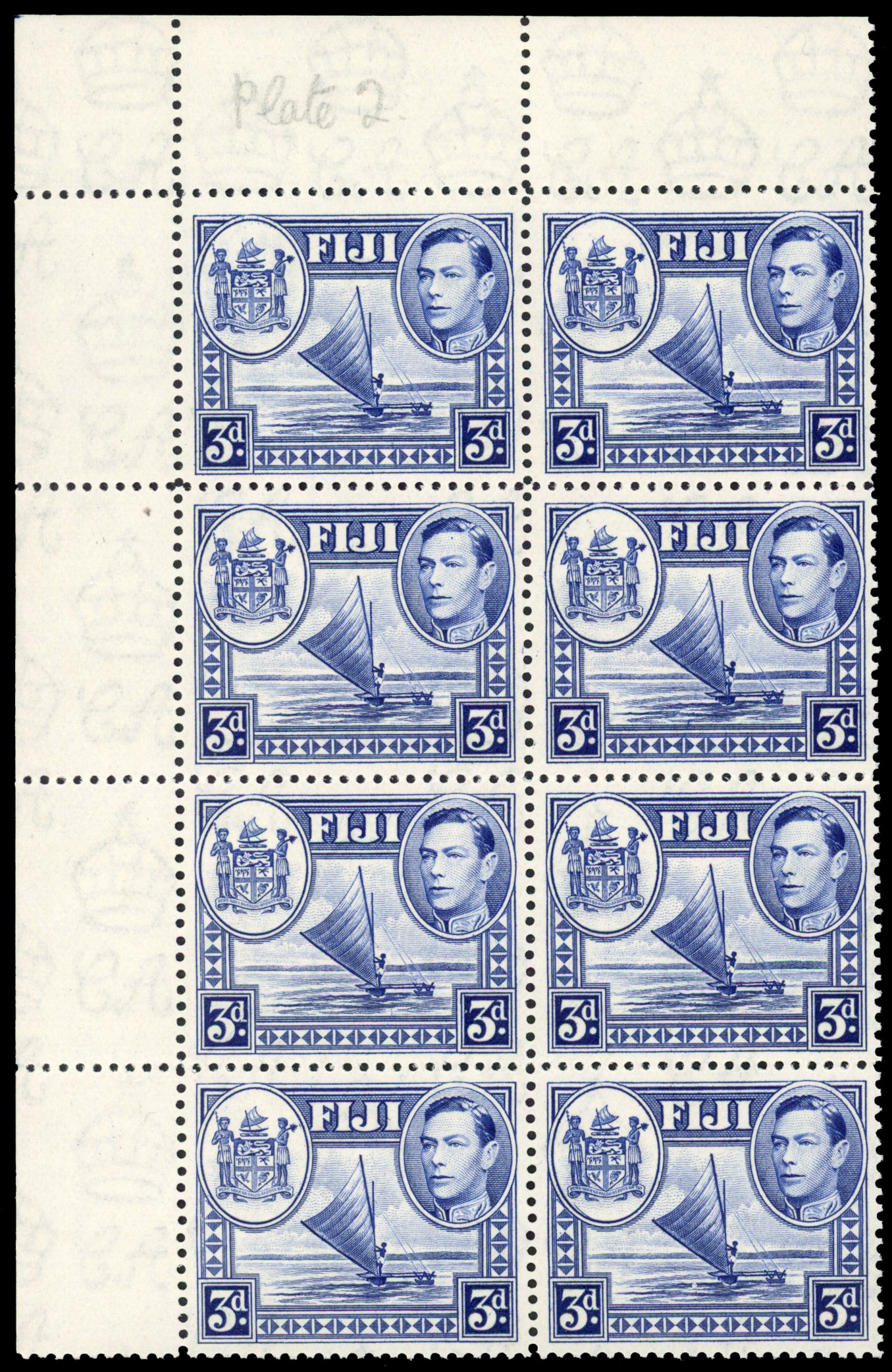 Fiji SG 257a 1938 3d block R4/2 spur on medallion mint