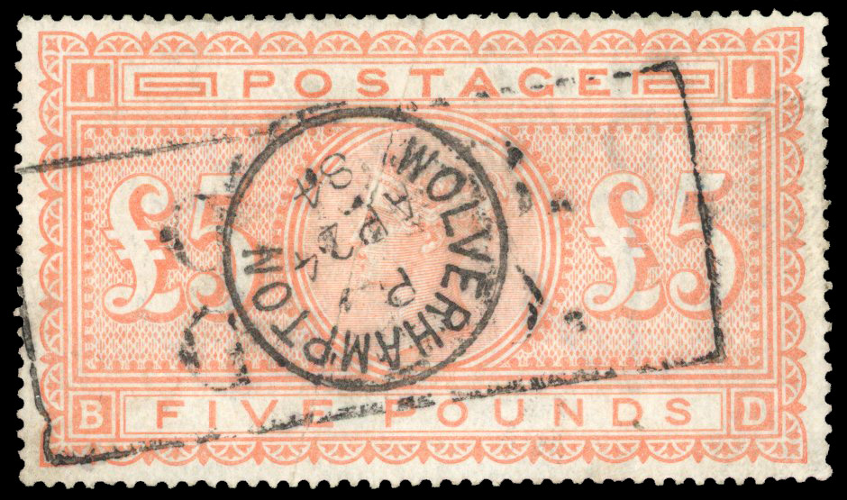 1882 £5 Orange Pl.1. (Blued paper). Used example