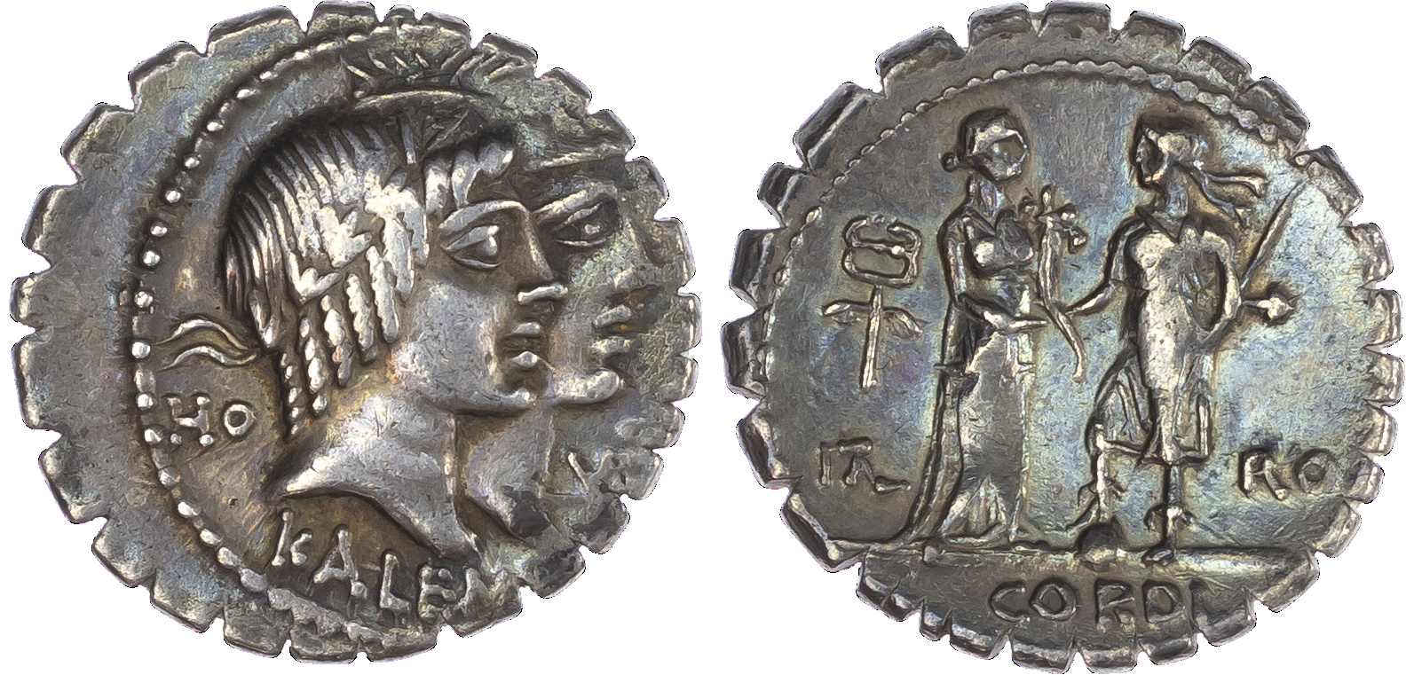 Q. Fufius Calenus and Mucius Cordus (68 BC) AR Denarius, Rome, 3.73g. VIRT / KALENI, jugate heads of Honos and Virtus facing