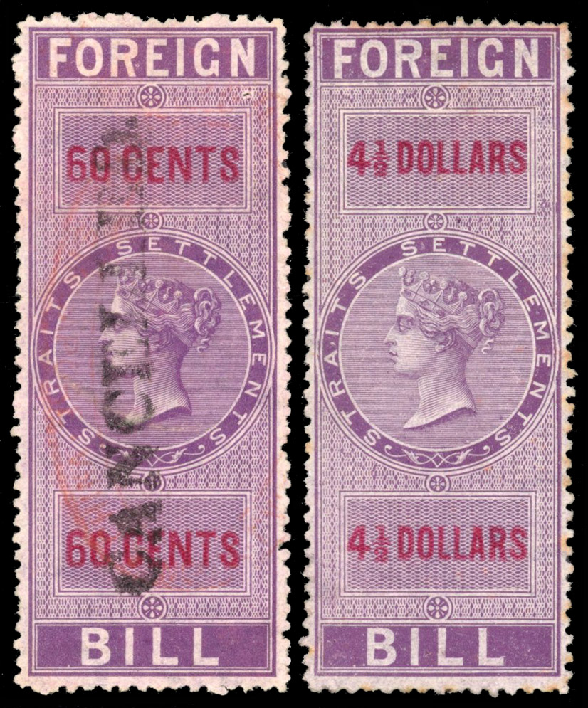 Straits Foreign Bill 1867-72 60c and $4½ perf 12½