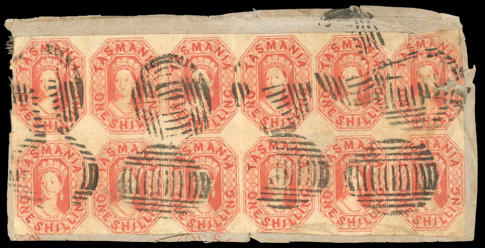 1858 wmk double-lined ‘12’, 1s vermilion, block of twelve used on small linen piece