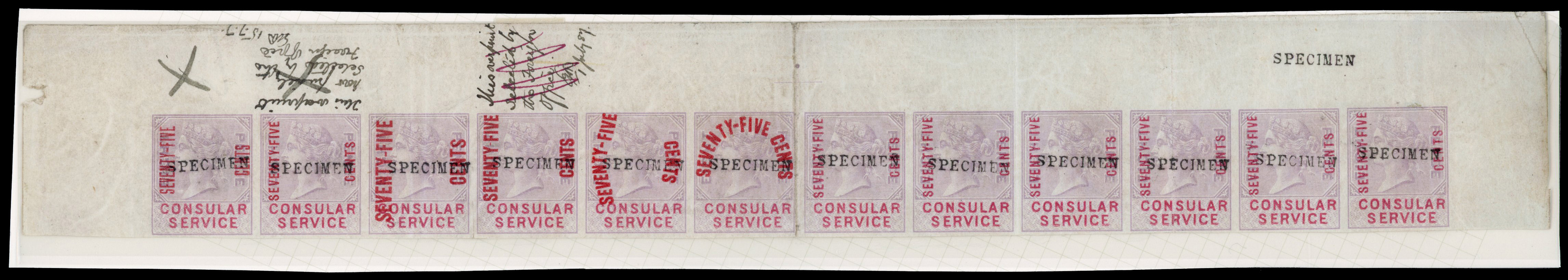 GB Consular Service 1887 75c on 8d plate proof of the trial setting