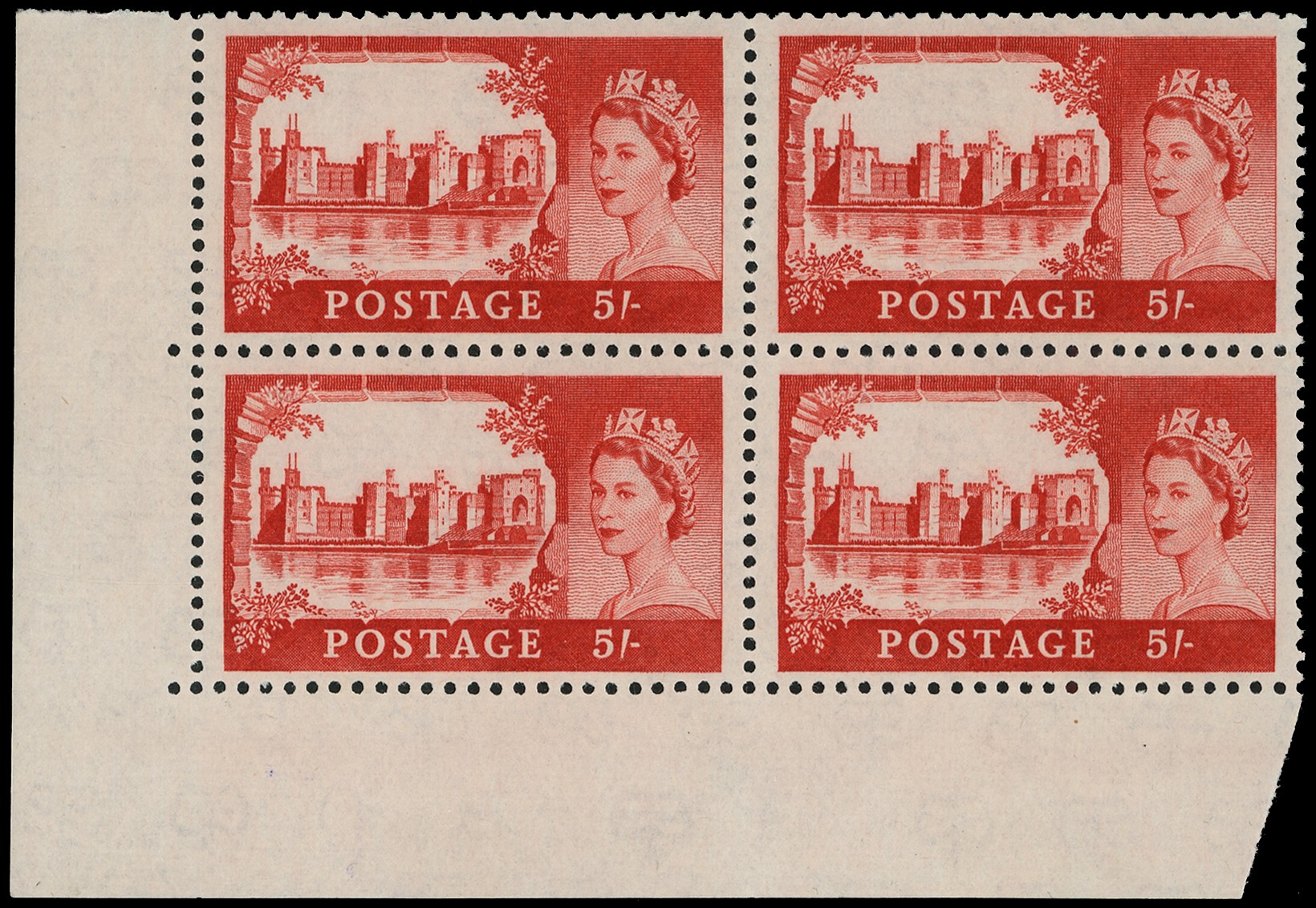 1963 Bradbury Wilkinson 5/- scarlet-vermillion , block of four, variety WATERMARK INVERTED.