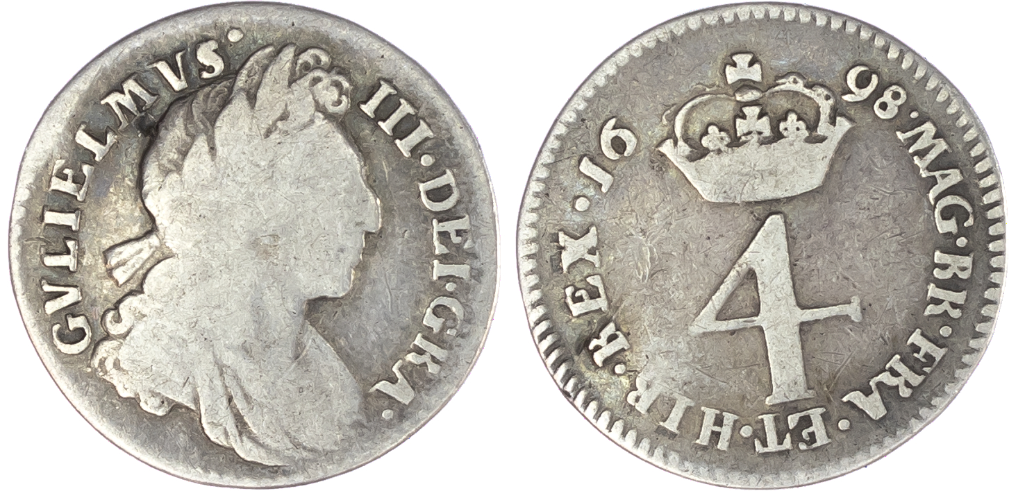 William III (1694-1702), Maundy Set, 1698, Fourpence, Threepence, Twopence, Penny, laureate and draped bust right, toothed