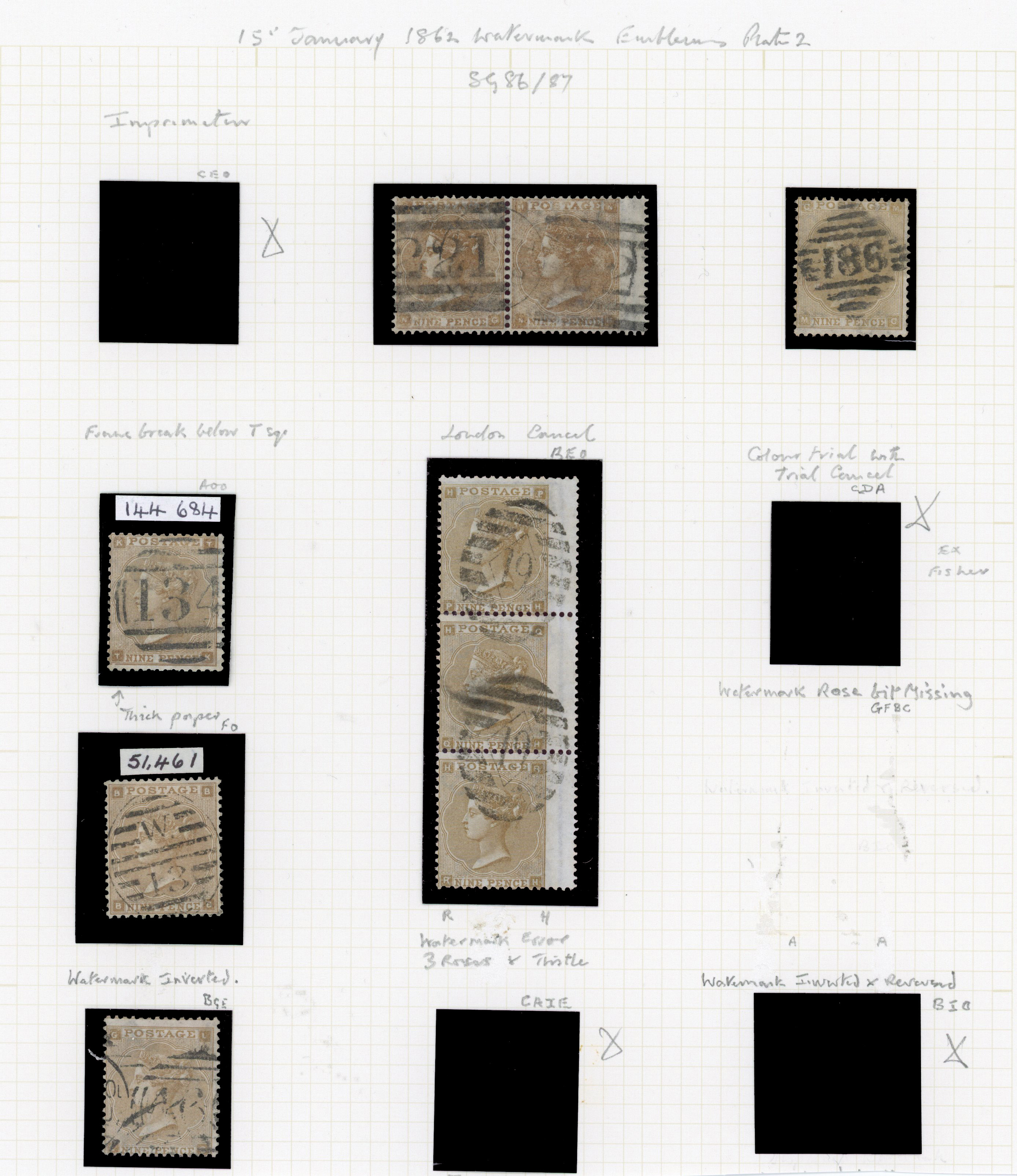 1862 9d Bistre Pl.2 without hairlines (SG86/87, Wmk. Emblems). A fine group