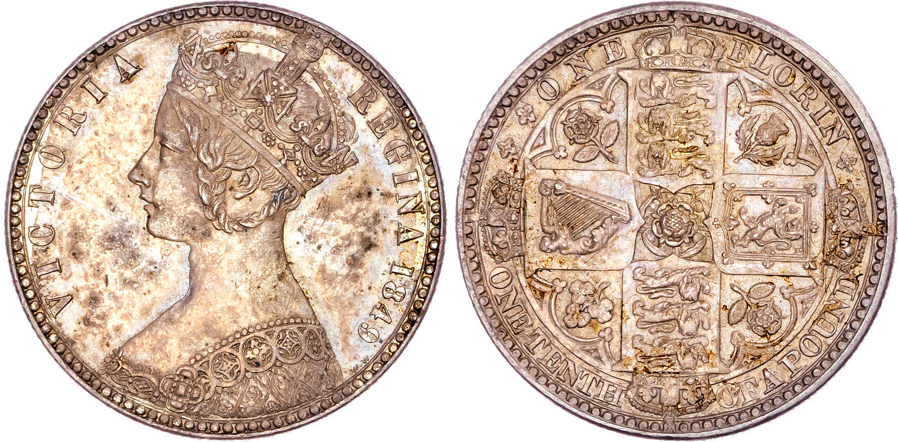 Victoria (1837-1901), AR ‘Godless’ Florin, 1849.