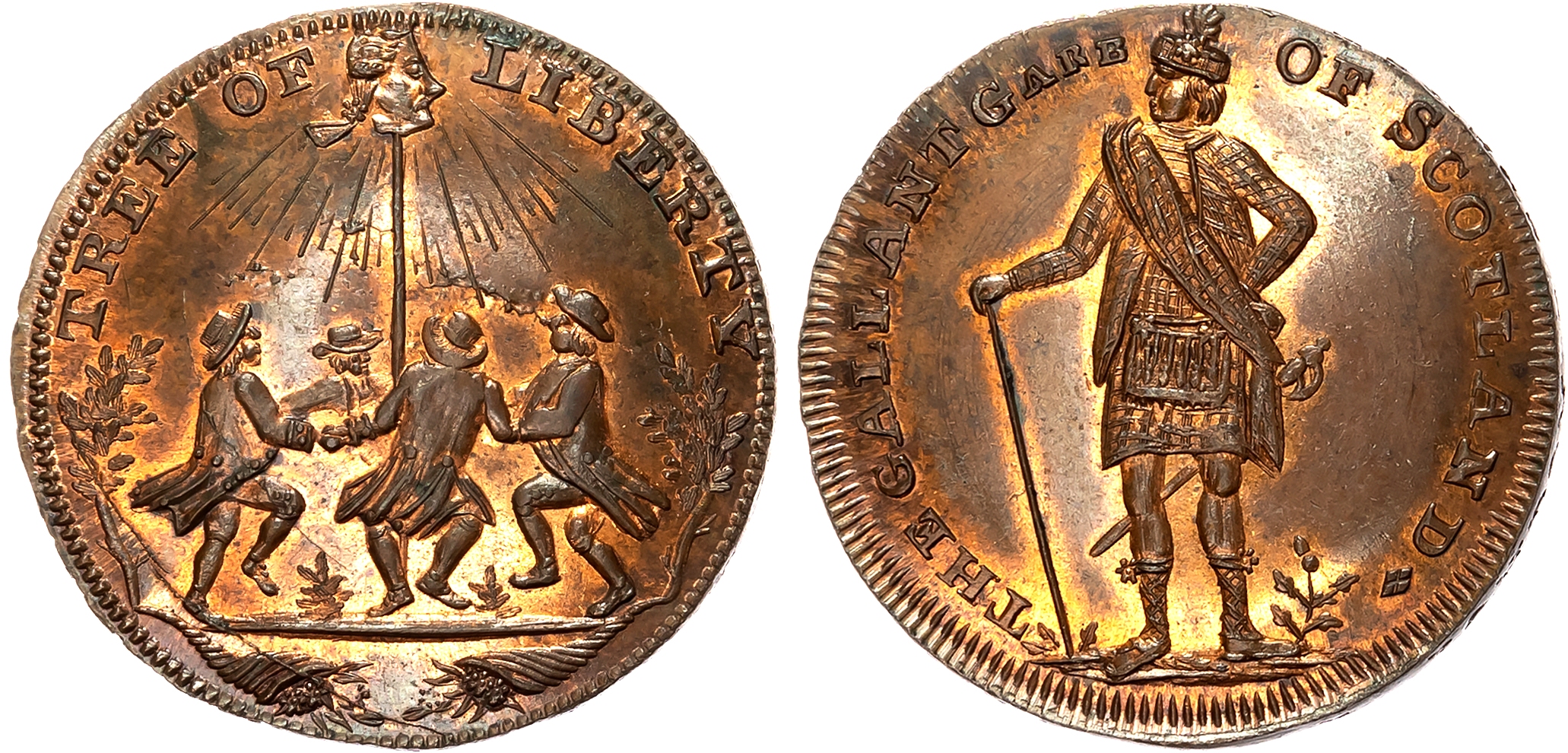 London, Holborn, Thomas Spence Halfpenny 1796, Four men dancing around a pole with a severed head on top (Walpole), rev. …