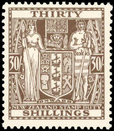 New Zealand 1931-40 Arms postal fiscal 30s brown Cowan paper