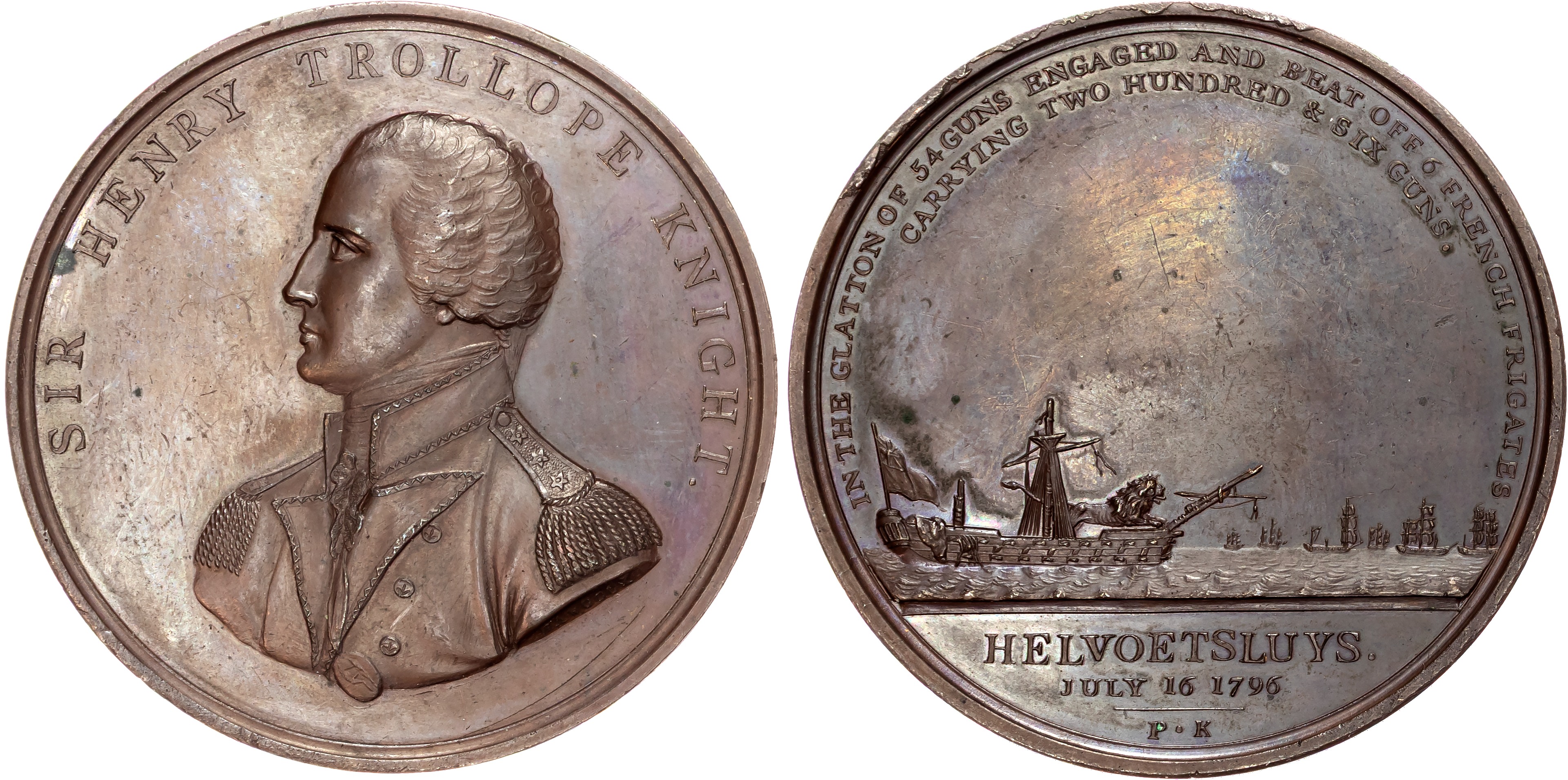 Sir Henry Trollope and the Naval Engagement off Helvoetsluys, Æ medal, 1796, by J. G. Hancock.