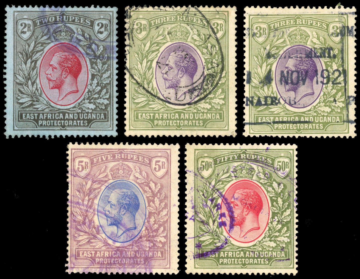 East Africa & Uganda SG 72-5 1921 2r - 50r fiscally used