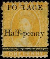 1877 ½d on 1d yellow, R8/3 'S' of POSTAGE omitted, toned o.g.; bright colour.  SG 91e,...