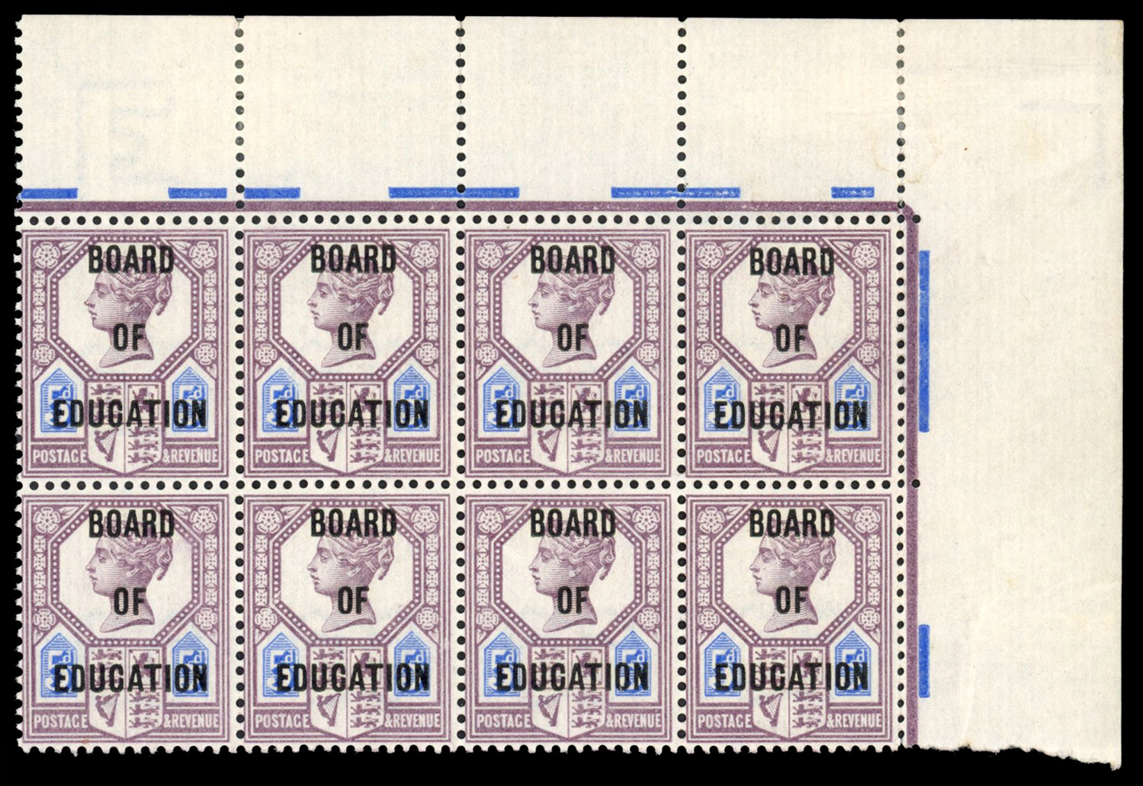 SG O81 Board of Education 1902 QV 5d dull purple and blue block mint