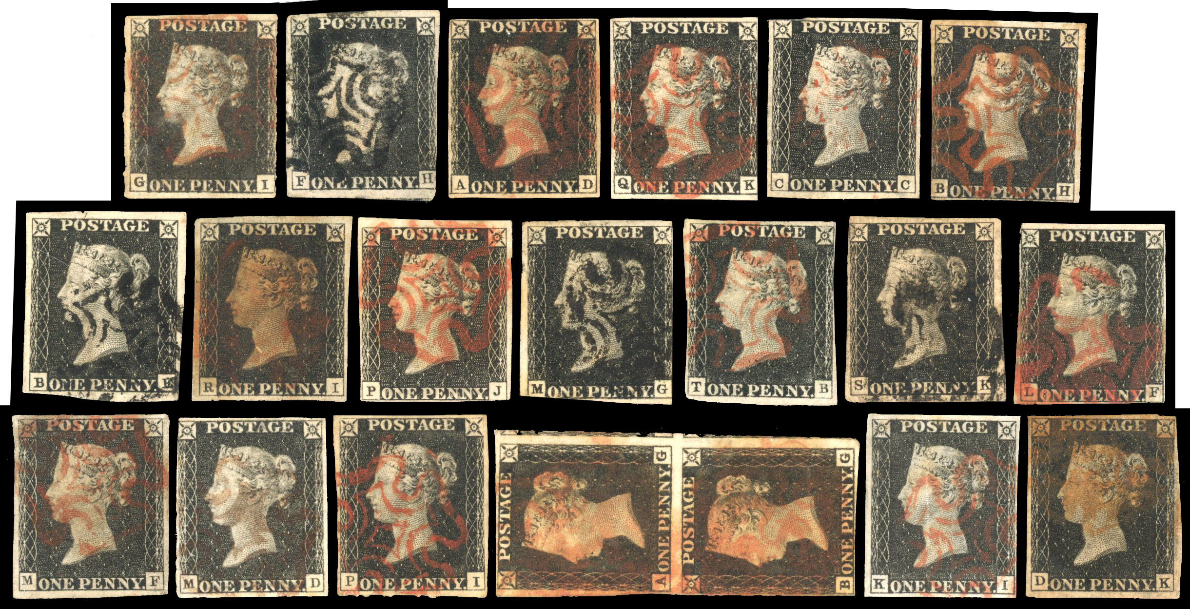 GB: 1840 1d black used range, unplated selection of twenty examples including one vertical pair (AG/BG), 3-4-margin, red or