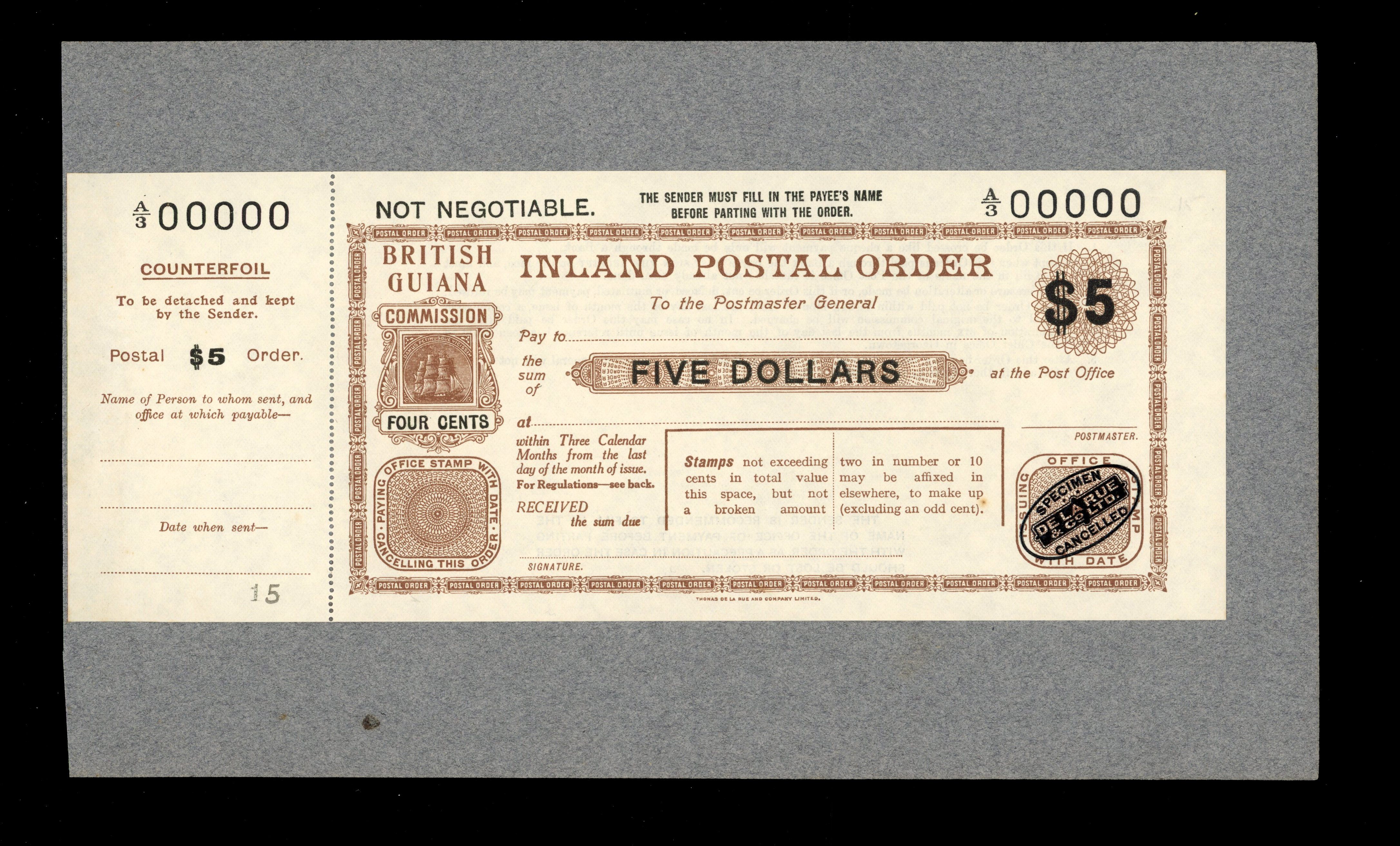 British Guiana Postal Order De La Rue Proof