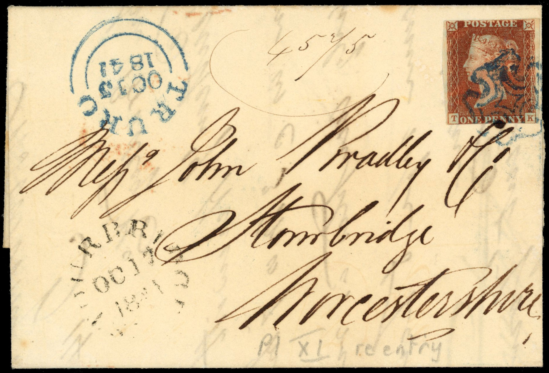 GB 1d red from Black Plate 11, on wrapper with blue Truro MC