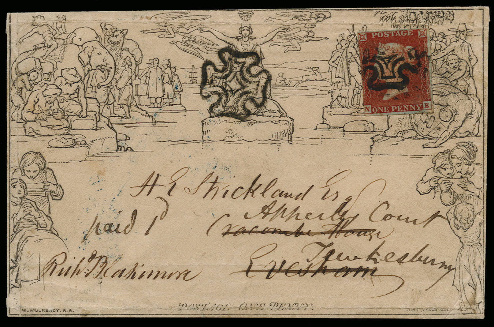 1840 1d Mulready envelope Forme 3 Stereo A157 uprated with 1d Red-brown SG8