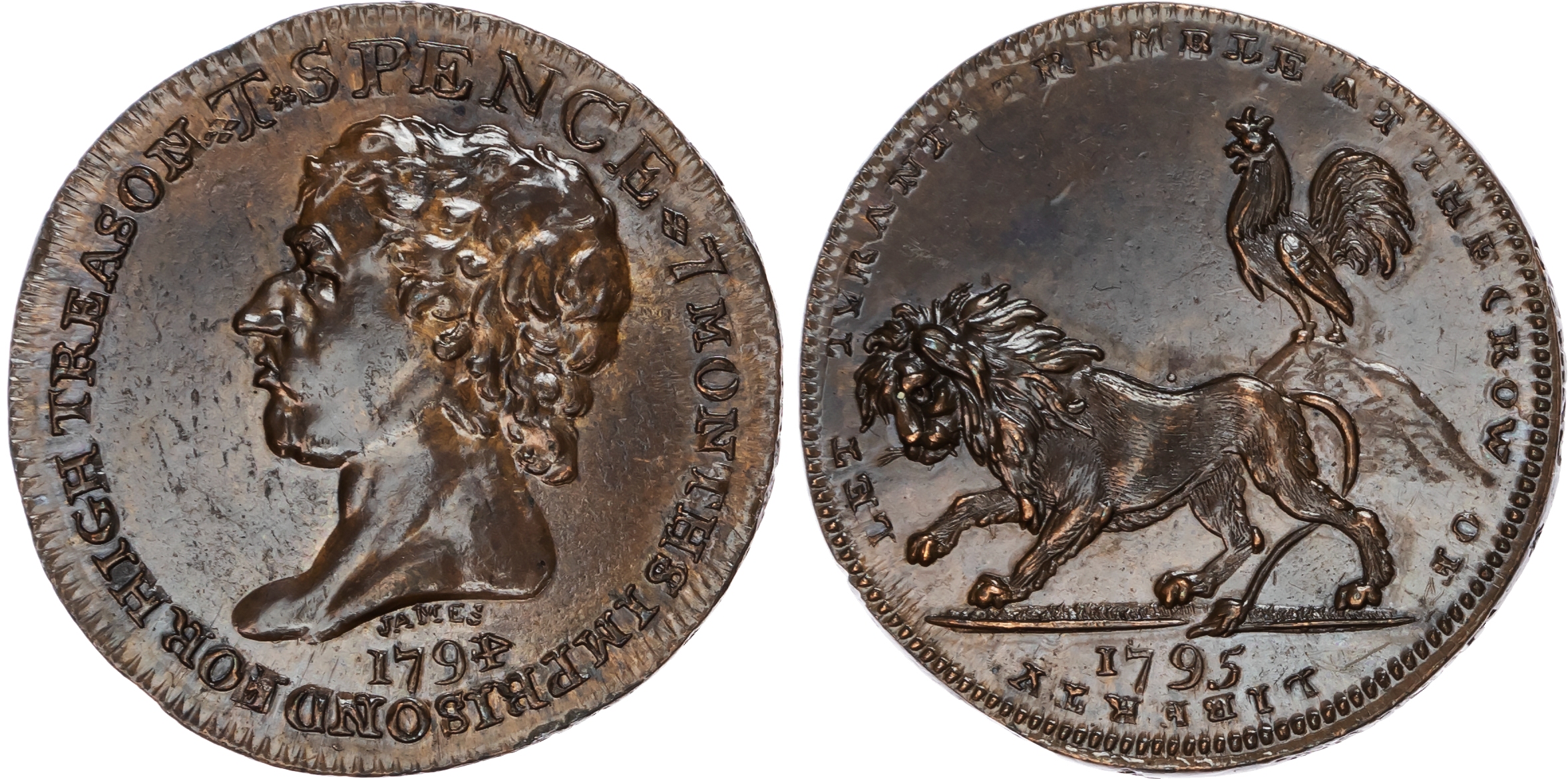 London, Holborn, Thomas Spence Halfpenny 1794, His bare bust left, rev. Cock crowing over dismayed lion, edge …