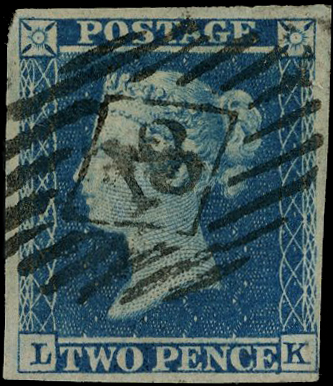 1855 2d Blue Pl.5 (LK, Wmk. Large Crown, Die I, Alphabet II). Imperforate example