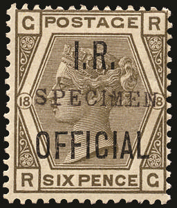 Great Britain 1882 6d Grey Pl.18 (I.R. Official). Very fine unused o.g. example lettered RG overprinted "SPECIMEN"…