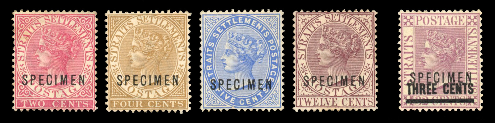 Malaya Straits QV First Specimen set SG 63/7s plus SG 83s 100 issued