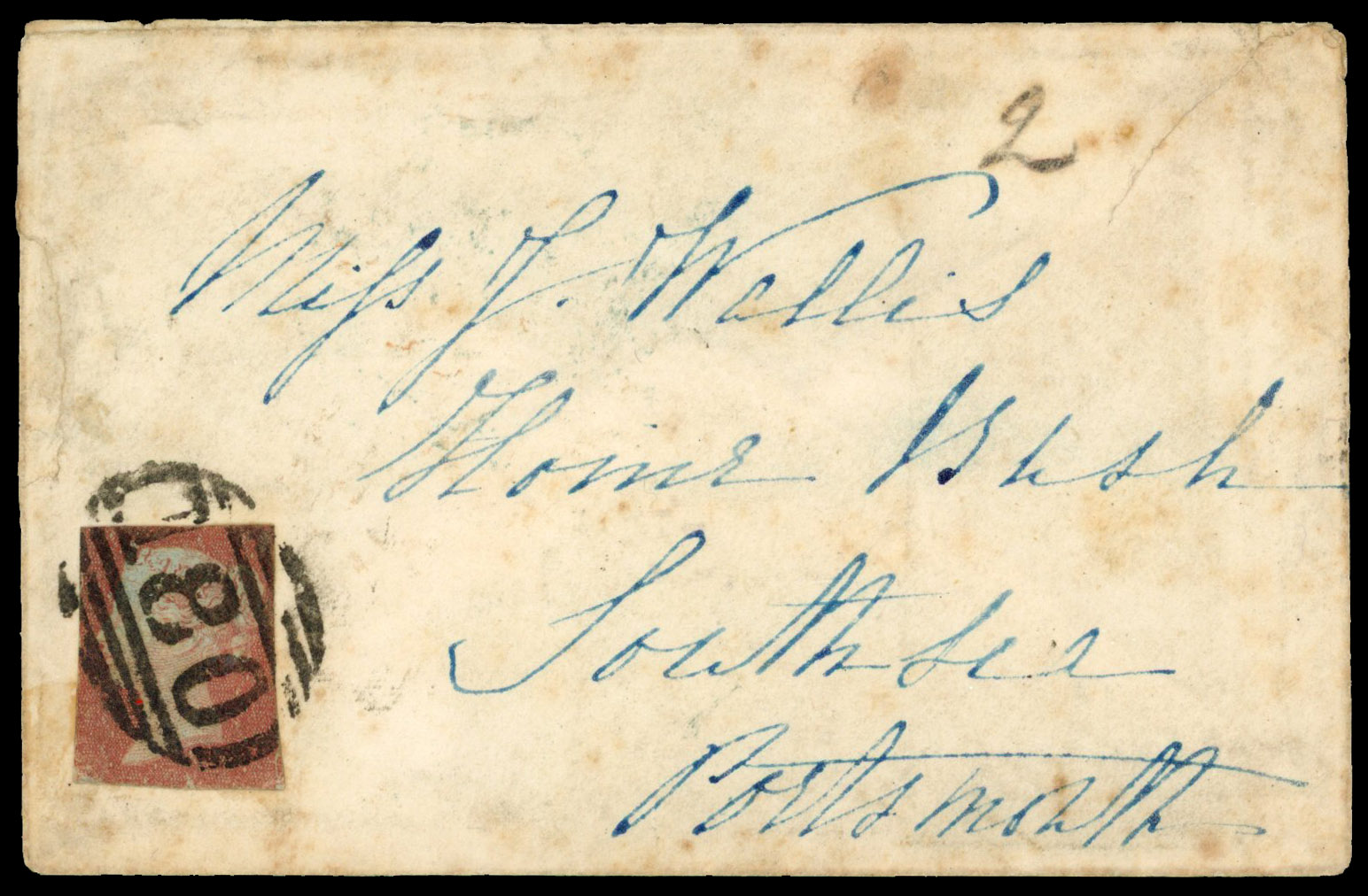 1841 1d Red-brown. Small envelope sent from Chester to Portsmouth, "Mini-cut"
