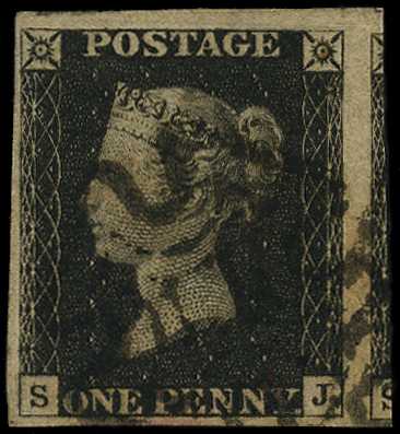1840 1d black plate 1b (SJ) 4 margins with...