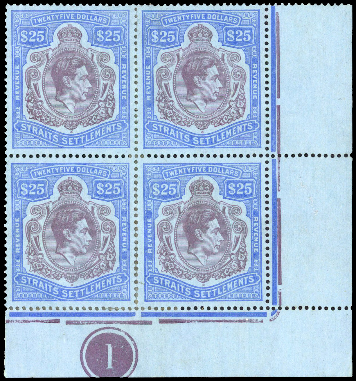 Straits Settlements 1938 KGVI $25 revenue plate block of 4