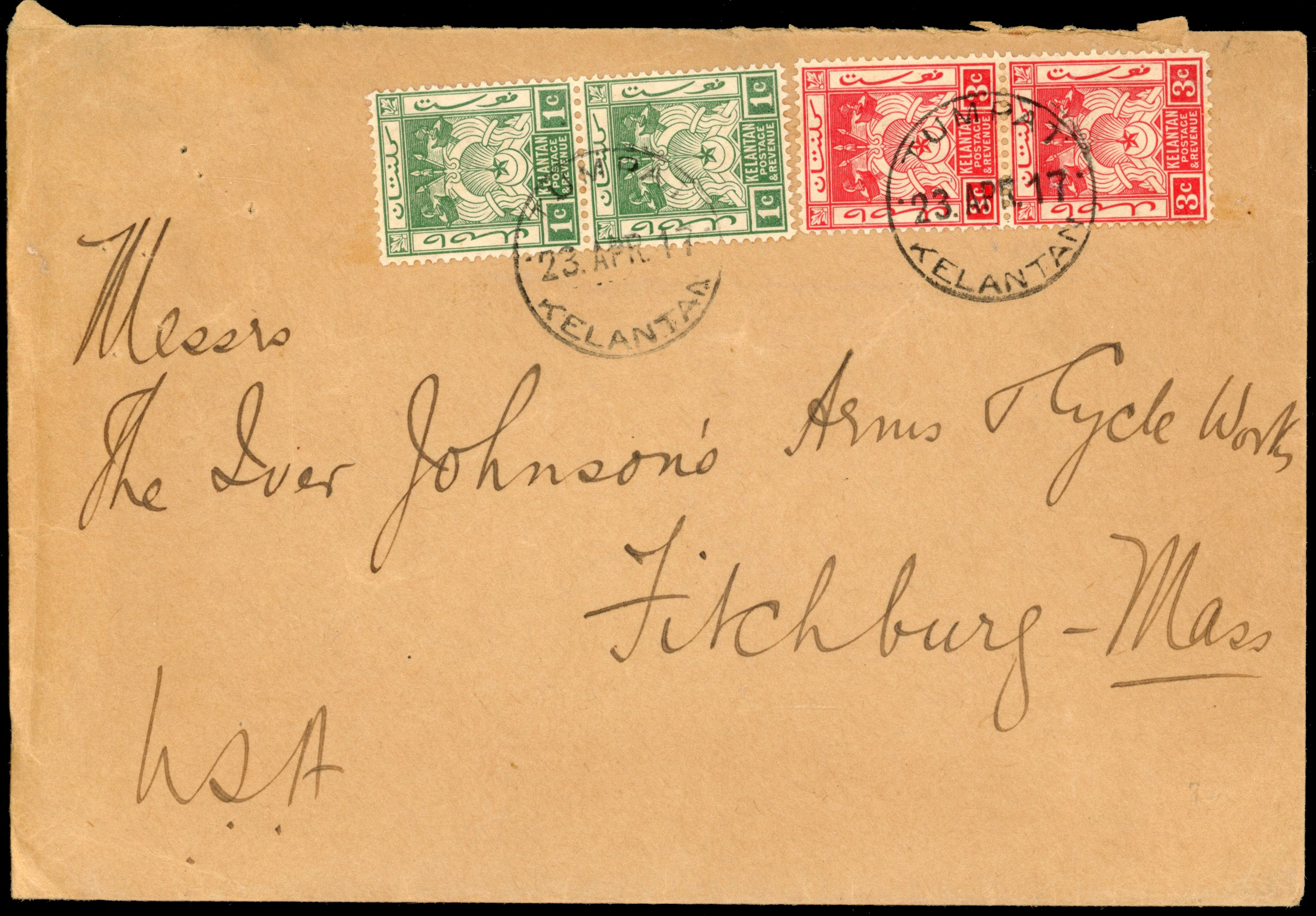 Malaya - Kelantan 1917 envelope to USA bearing SG 1 & 3