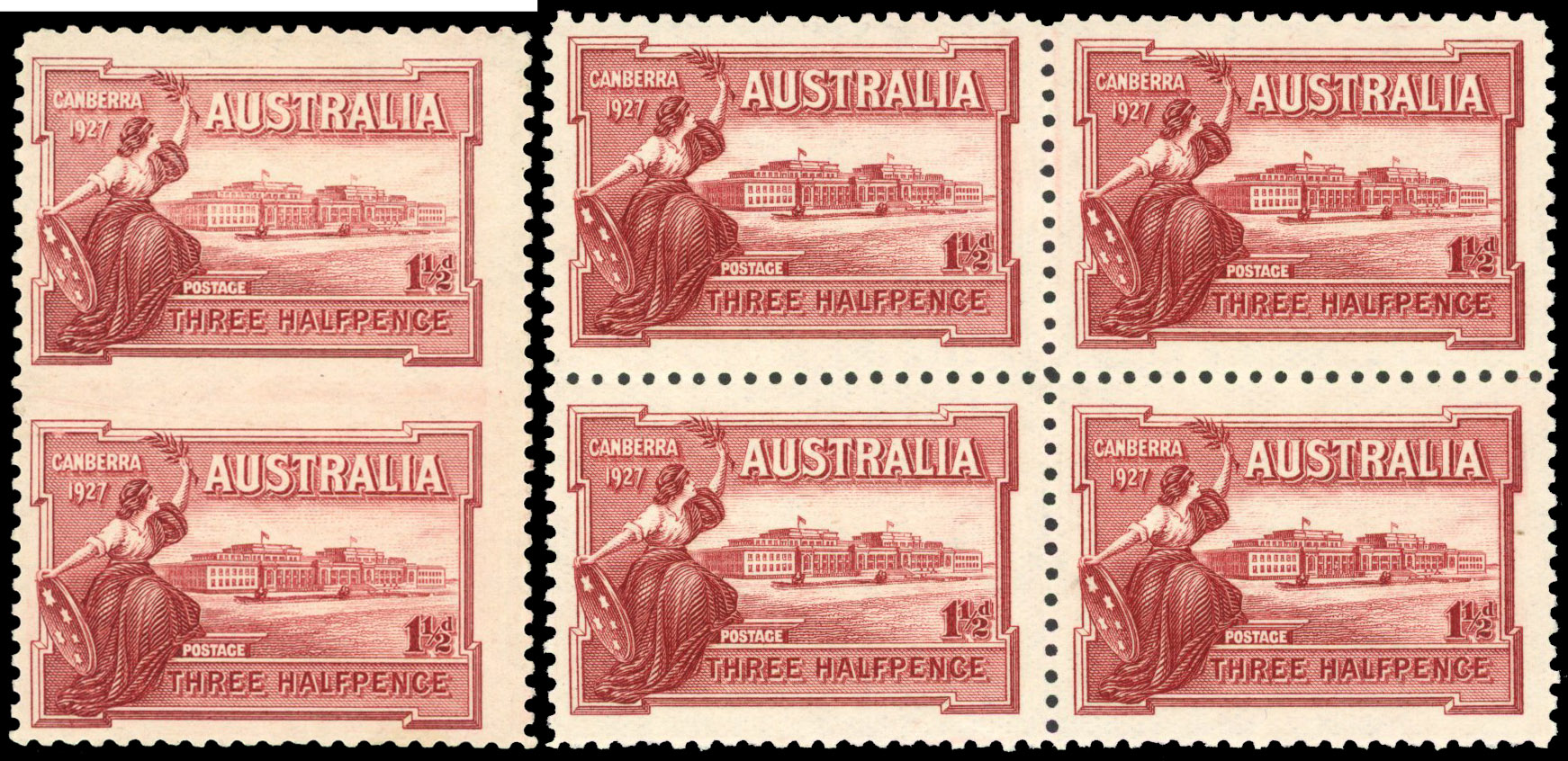 Australia 1927 1½d brownish-lake variety IMPERFORATE BETWEEN vertical pair S.G. 105a cat £