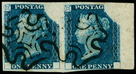 1840 1d Rainbow Trial, Wmk. Small crown cancelled pair with black MC's. SGDP20F