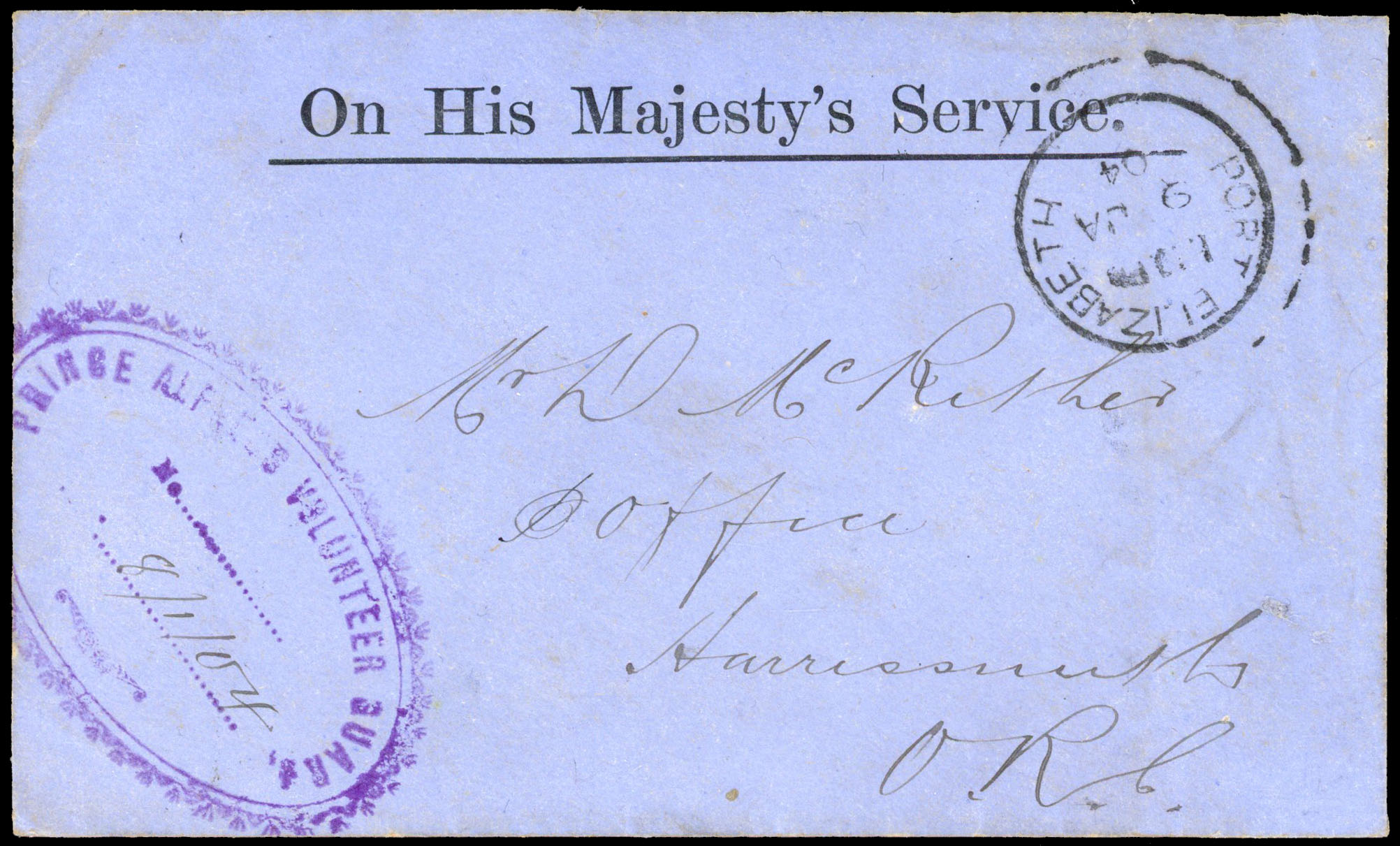 1904 stampless, printed OHMS envelope to Harrismith, with enclosure concerning medals. ADDED TO R2000147/2