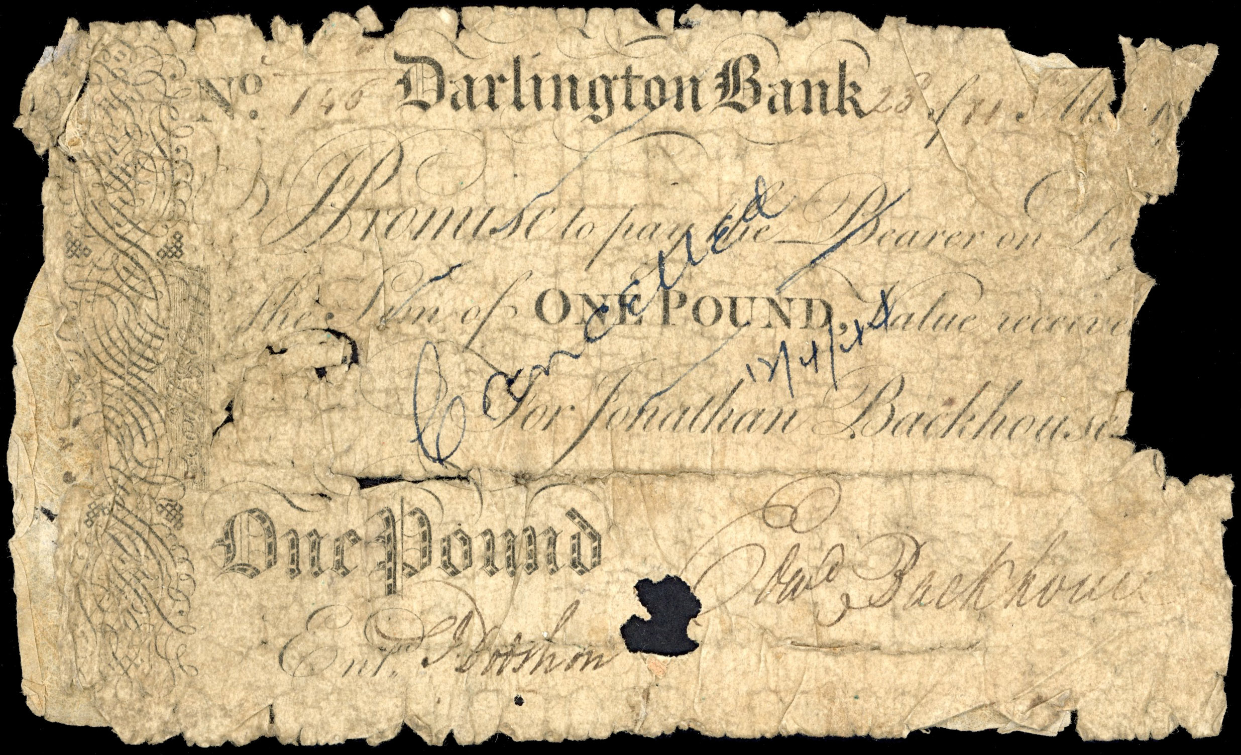 DARLINGTON, Darlington Bank, for Jonathan Backhouse, £1.,23rd. of 11th. Month 18?, (1820s?) signed Edward Back…